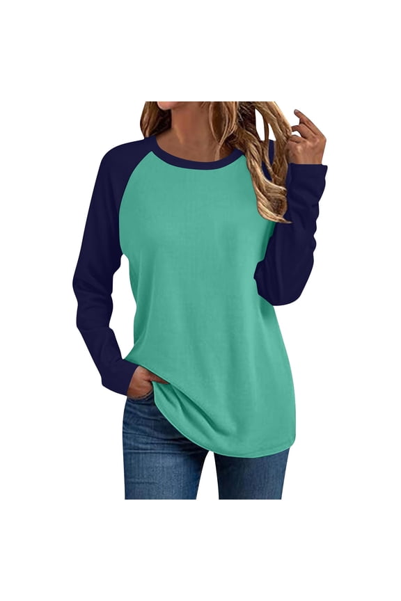 Womens Tops Color Block Baseball Tee Long Sleeve Raglan Shirt with Round Neck