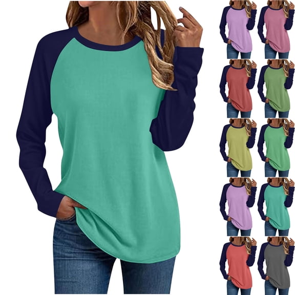 Womens Tops Color Block Baseball Tee Long Sleeve Raglan Shirt with Round Neck
