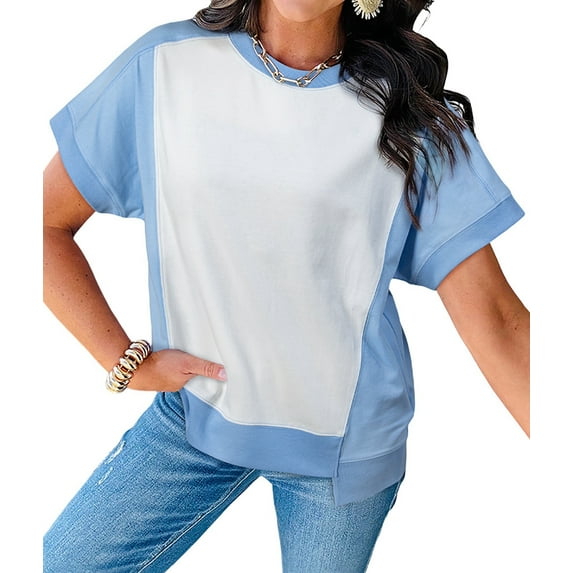 Womens Tops Color Block Crewneck Short Sleeve T Shirts Casual Oversized Summer Outfits Blue M