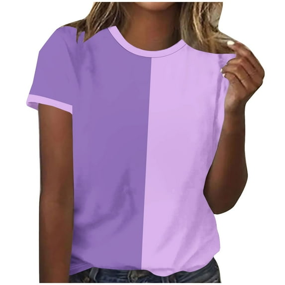 Womens Tops Color Block Crewneck Short Sleeve T Shirts Casual Oversized Summer Outfits