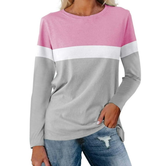 Womens Tops Color Block Tunic Tops Casual Long Sleeve Shirts Round Neck Pullover Blouses For Women