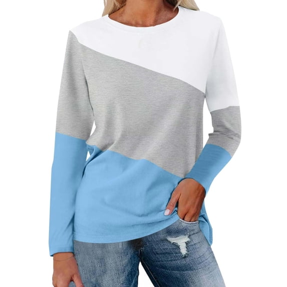 Womens Tops Color Block Tunic Tops Casual Long Sleeve Shirts Round Neck Pullover Blouses For Women