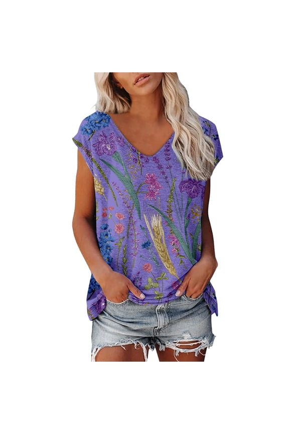 Womens Tops Comfort Cap Sleeve U Neck Solid Color Suitable Loose Fit Petite Clothing for Women,Purple,L