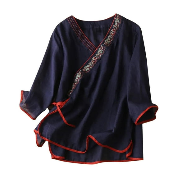Womens Tops Cotton Linen 3/4 Sleeve V Neck Loose Fit Blouse With Vintage Embroidery Side Tie Slit Design Polyester Spandex Blend For Casual Daily Wear 3Xl Sweaters For Women