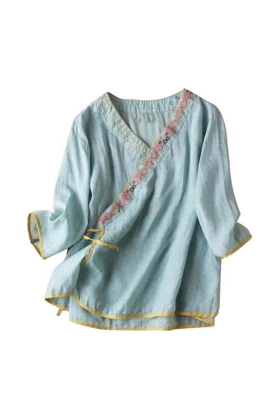 Womens Tops Cotton Linen 3/4 Sleeve V Neck Loose Fit Blouse With Vintage Embroidery Side Tie Slit Design Polyester Spandex Blend For Casual Daily Wear 4Xl Sweaters For Women