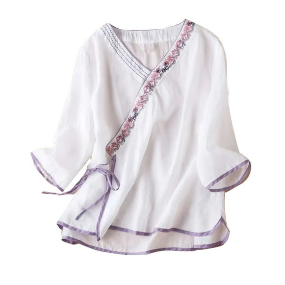 Womens Tops Cotton Linen 3/4 Sleeve V Neck Loose Fit Blouse With Vintage Embroidery Side Tie Slit Design Polyester Spandex Blend For Casual Daily Wear 4Xl Sweaters For Women