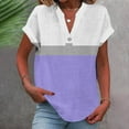 thumbnail image 1 of Womens Tops Cotton Linen Casual Color-Block Print Short Sleeve V-Neck T-Shirt Purple S, 1 of 5