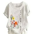 thumbnail image 1 of Womens Tops Cotton Linen Crewneck Roll Up Short Sleeve Tshirt Trendy Floral Print Casual Loose Fitted Blouse Cotton & Linen Lightweight Beach & Daily Wear Package Xl Shirts for Women, 1 of 5