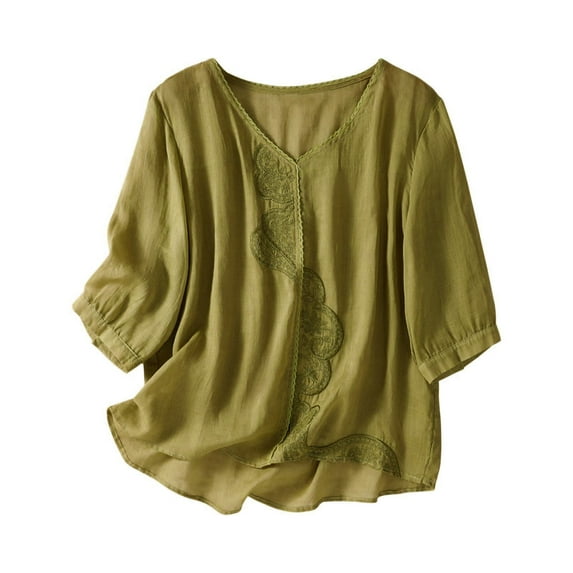 Womens Tops Cotton Linen Embroidered Shirt Tops 3/4 Sleeve Elegant Blouse Com fortable Breathable Cotton And Linen 1Pc Short Sleeve M Shirts for Women