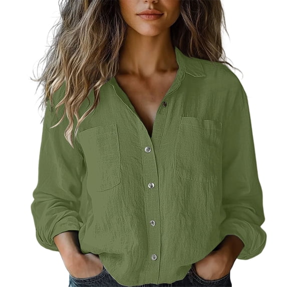 Womens Tops Cotton Linen Long Sleeve Solid Color Loose Shirt With Pockets Soft Comfortable Casual Spring Work Daily Wear L Sweaters For Women