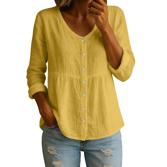 Womens Tops Cotton Linen Shirt Tops Casual Crew Neck Long Sleeve Button Down Tee Shirt Blouses
