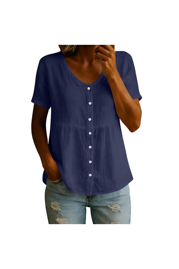 Womens Tops Cotton Linen Shirt Tops Casual Crew Neck Short Sleeve Button Down Tee Shirt Blouses