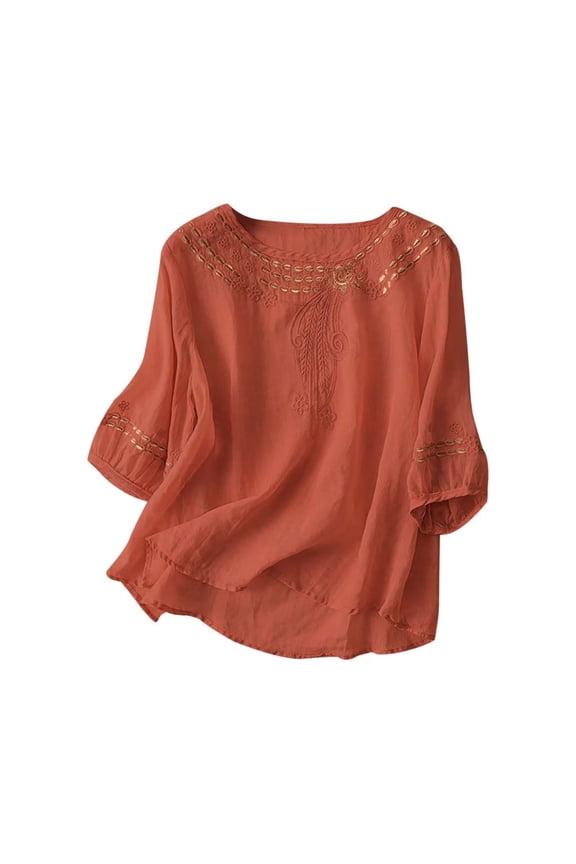 Womens Tops, Cotton Linen Shirt for Women Summer Boho Retro Embroidery Tops 3/4 Sleeve Dressy Casual Peasant Blouses Loose Tunics Orange M
