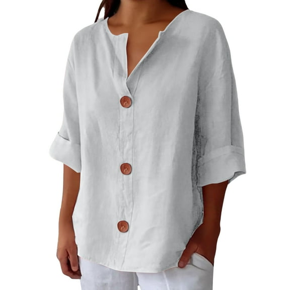 Womens Tops Cotton Linen V Neck Blouse 3/4 Sleeve Loose Tunic Top Beach Vacation Solid Style Light Airy Comfortable Wear 25X20X2Cm L Sweaters For Women