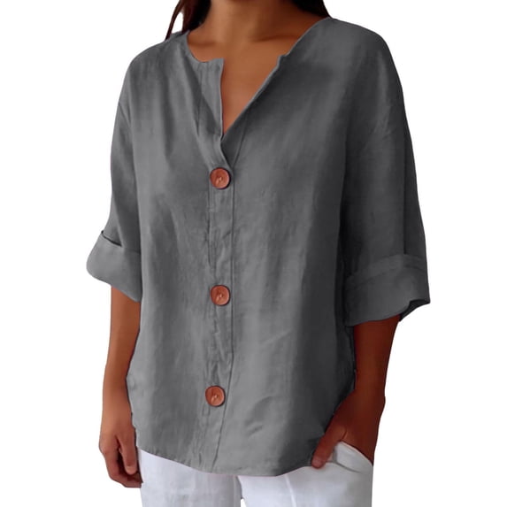 Womens Tops Cotton Linen V Neck Top 3/4 Sleeve Loose Blouse Beach Vacation Solid Color Light Airy Spring Summer Fall Wear 25X20X2Cm 3Xl Sweaters For Women