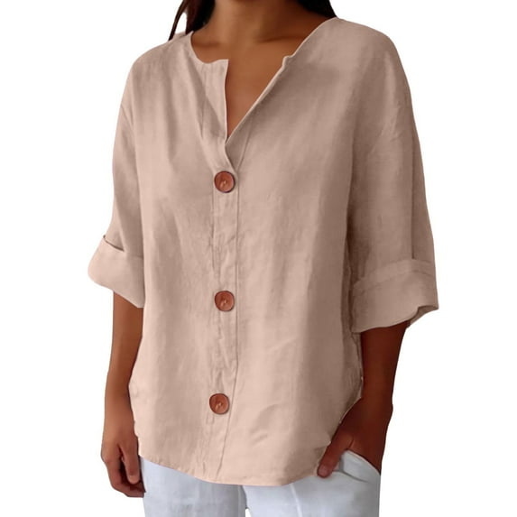 Womens Tops Cotton Linen V Neck Top 3/4 Sleeve Loose Blouse Beach Vacation Solid Color Light Airy Spring Summer Fall Wear 25X20X2Cm L Sweaters For Women