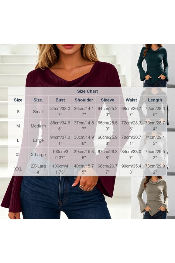 Womens Tops, Cowl Neck Ruched Waist Flare Sleeve Knit Sweater for Women Slim Fitted Ribbed Top Daily Office Business Shirt