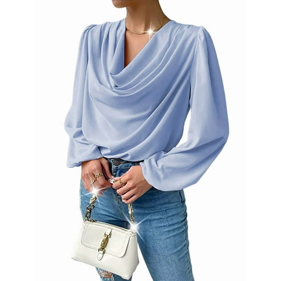 Womens Tops Cowl Neck Shirts Long Sleeve Teacher Clothes Office Business Dressy Casual Blouse Blue M