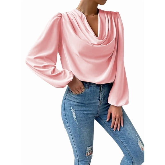 Womens Tops Cowl Neck Shirts Long Sleeve Teacher Clothes Office Business Dressy Casual Blouse Pink XL