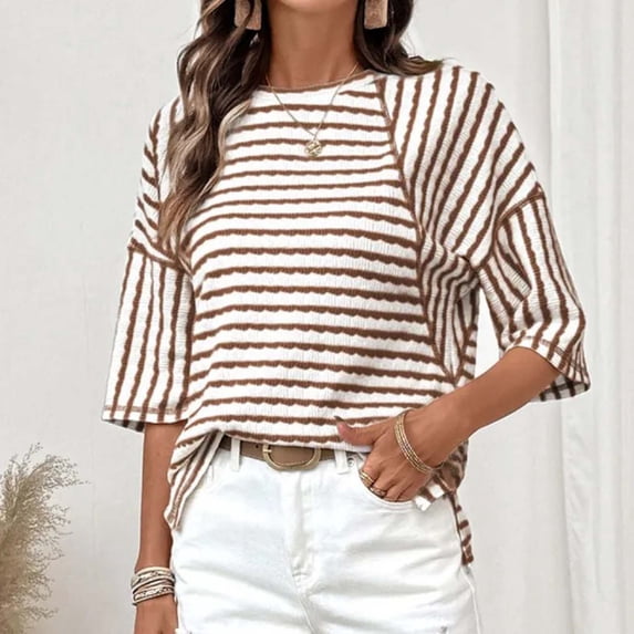 Womens Tops Crew Neck 3/4 Length Sleeve T-Shirts for Women Striped Printed Splice Pullover Fall Tees Gifts for Mom