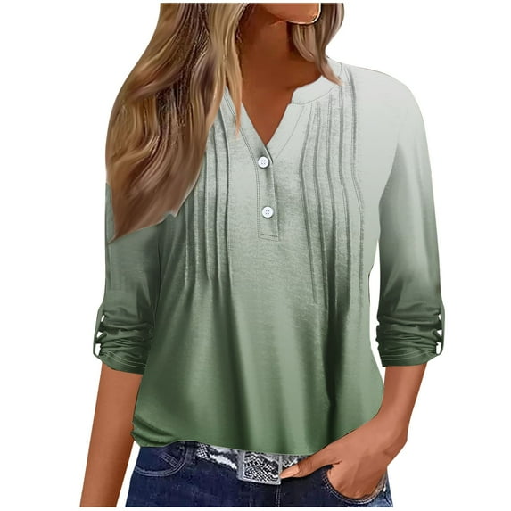 Womens Tops Crew Neck 3/4 Sleeve Basic Button Up T-Shirts Casual Solid Loose Cute Tunic Tee Pleated Fitting Pullover Tops,Green,L