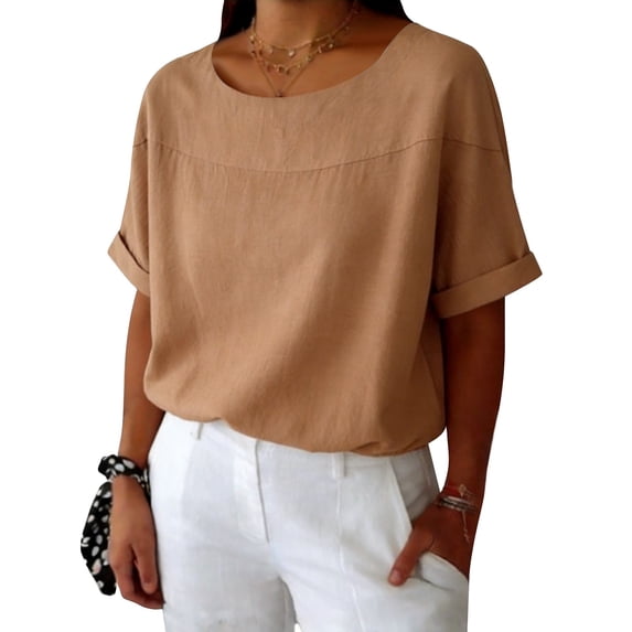 Womens Tops Crew Neck Cotton Top Medium Sleeve T Shirt Loose Pullover