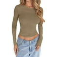 thumbnail image 1 of Womens Tops Crew Neck Tops Khaki Long Sleeve Tshirts Shirts for Womens Basic Tops Womens Fall Clothes, 1 of 4