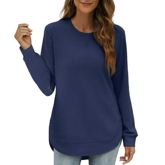 Womens Tops Crewneck Long Sleeve High Low Sweatshirt Polyester Curved Hem Side Split Solid Color Loose Fit Daily Home Work Outdoor Wear 2Xl Sweaters For Women