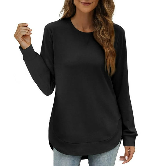 Womens Tops Crewneck Long Sleeve High Low Sweatshirt Polyester Curved Hem Side Split Solid Color Loose Fit Daily Home Work Outdoor Wear 2Xl Sweaters For Women