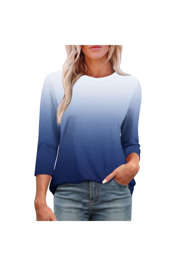 Womens Tops Crewneck Soft 3/4 Sleeve Shirts Spring Clothes Casual Tshirts Basic Tee Blue XXXXL