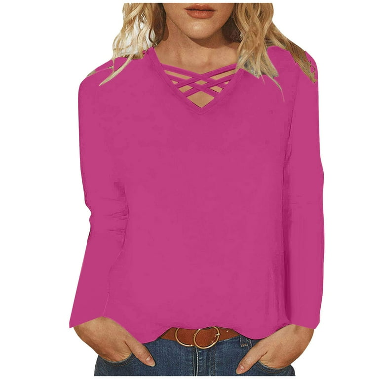 Womens Tops Criss Cross V Neck Long Sleeve Cotton T Shirts Relaxed