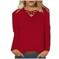 thumbnail image 1 of Womens Tops Criss Cross V Neck Long Sleeve Cotton T Shirts Relaxed Fit Plus Size Fall Winter Base Tees (4XL, Red), 1 of 5