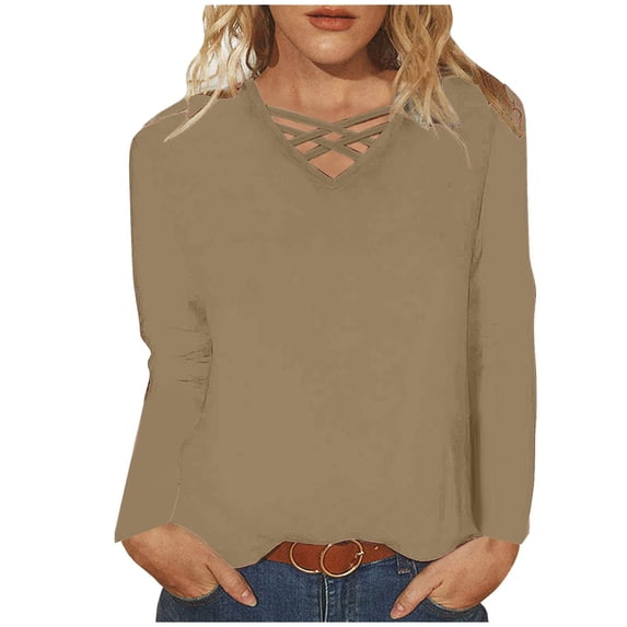 Womens Tops Criss Cross V Neck Long Sleeve Cotton T Shirts Relaxed Fit Plus Size Fall Winter Base Tees (L, Coffee)