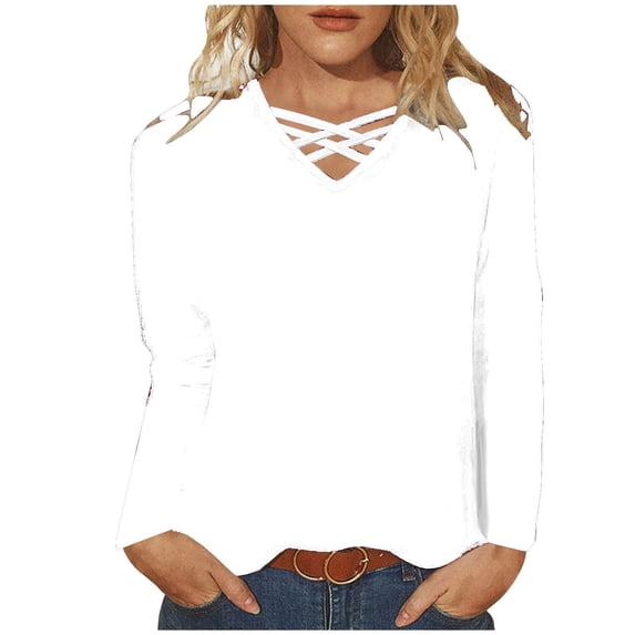 Womens Tops Criss Cross V Neck Long Sleeve Cotton T Shirts Relaxed Fit Plus Size Fall Winter Base Tees (M, White)
