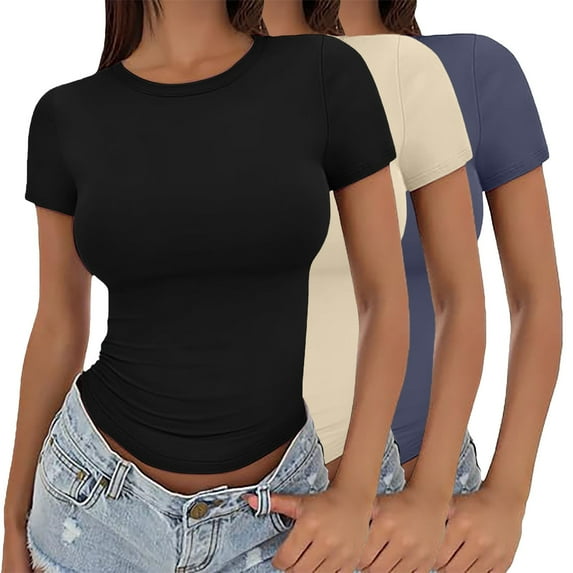 Womens Tops Crop T Shirt Girls Summer Pullover Top Thin Round Neck Fashion Short Sleeves Com fortable Breathable Elastic Matches Jeans/Shorts/Leggings Package Size 30X20X1Cm S Shirts for Women