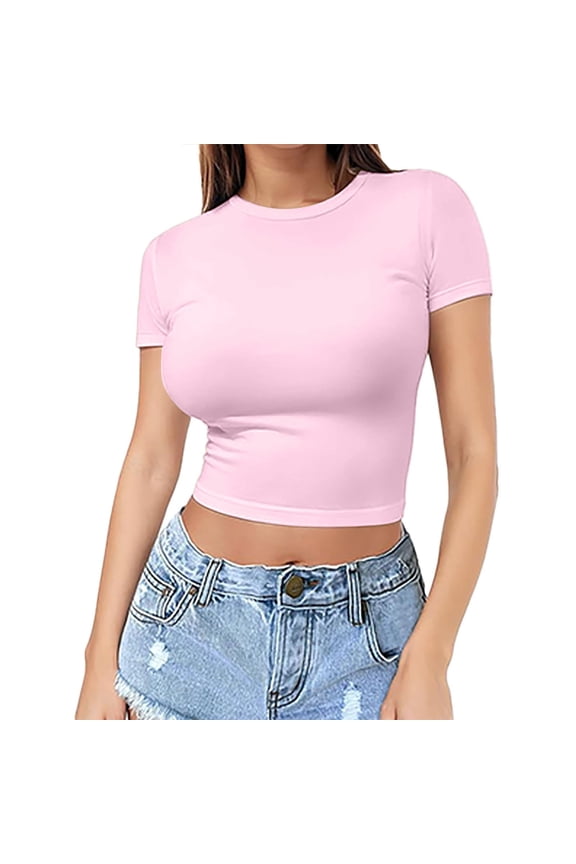 Womens Tops Crop T Shirt Girls Summer Pullover Top Thin Round Neck Fashion Short Sleeves Loose Fit for Daily/Home/Work Use Soft Breathable Package Size 30X20X1Cm M Shirts for Women