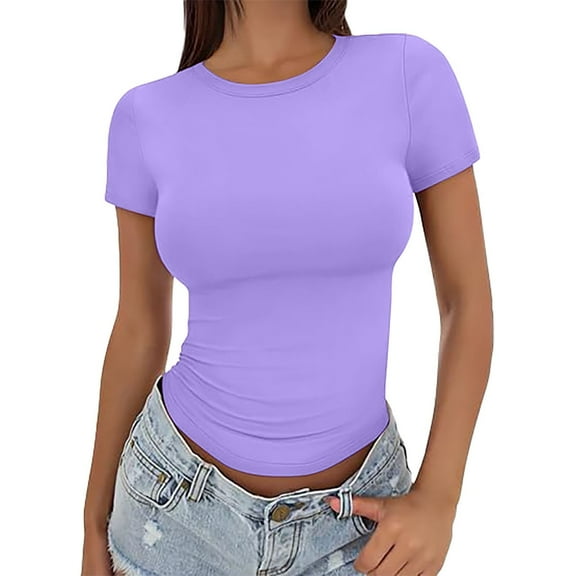 Womens Tops Crop T Shirt Summer Pullover Top Thin Round Neck Fashion Short Sleeves Elastic Cotton Blend Polyester & Spandex 1Pc Top L Shirts for Women