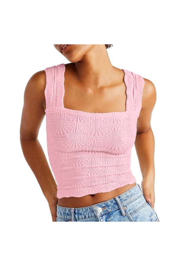 Womens Tops Cute Crop Tank Top Square Neck Wide Strap Slim Fit Floral Lettuce Trim Cropped Top Nylon Rayon Elastane Fabric M Size Tank Tops for Women