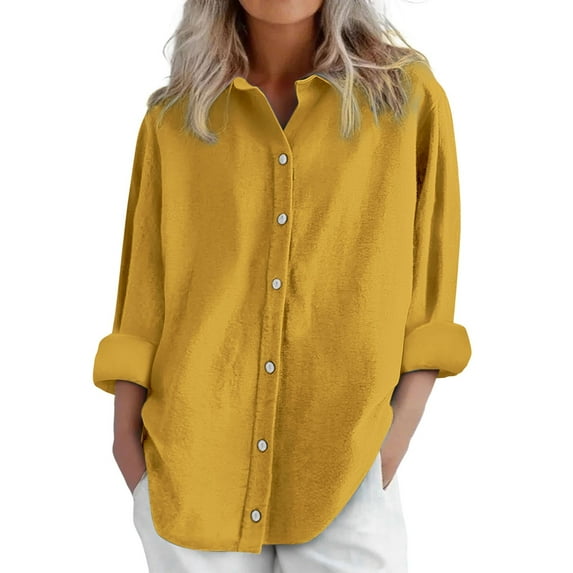Womens Tops Daily Casual Linen Long Sleeve Collared V Neck Loose Fit Solid Blouses & Tops Breathable Light Airy For Spring Summer Autumn Easy To Match With Jeans 3Xl Sweaters For Women