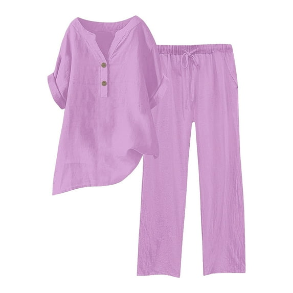Womens Tops Daily Casual Solid Short Sleeve V Neck Shirt Tops & Elastic Waist Long Pants Set Com fortable Breathable Cotton And Linen 1Pc Top + 1Pc Pants 3Xl Shirts for Women