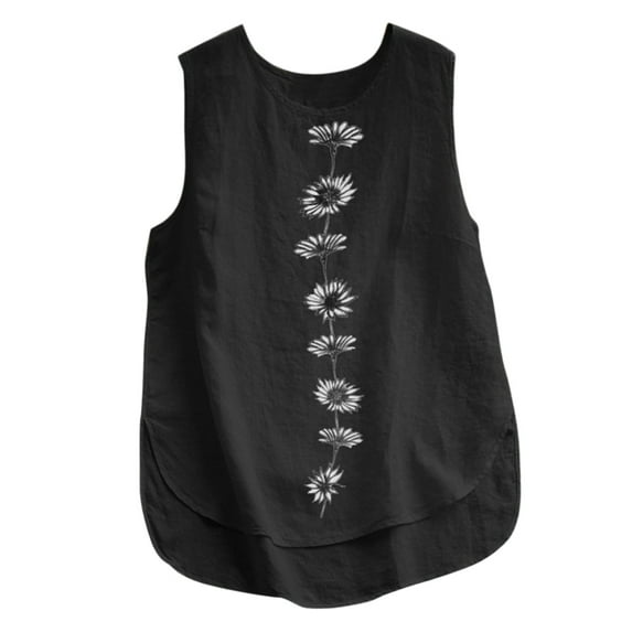 Womens Tops Daisy Print Round Neck Tank Top Summer Sleeveless Cotton Linen Loose Blouse for Casual Wear L Size Tank Tops for Women