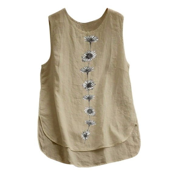 Womens Tops Daisy Print Round Neck Tank Top Summer Sleeveless Cotton Linen Loose Blouse for Casual Wear Xl Size Tank Tops for Women