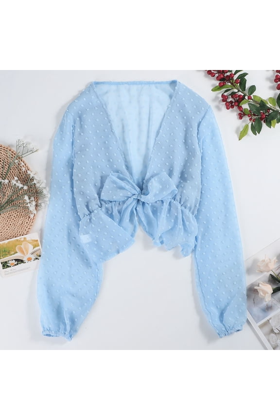 Womens Tops Deep V Neck Lace Up Pleated Cropped Long Sleeve Trendy Tops