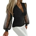 thumbnail image 1 of Womens Tops Deep V Neck Slim Fit Puff Long Sleeve Blouse Polyester And Spandex Elastic Waist Ruched Wrap Soft Breathable Versatile Occasions L Sweaters For Women, 1 of 4