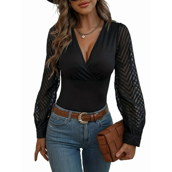 Womens Tops Deep V Neck -Wrap Tops Polka Dot Mesh Long Sleeve T Shirt Casual Blouses Black XL