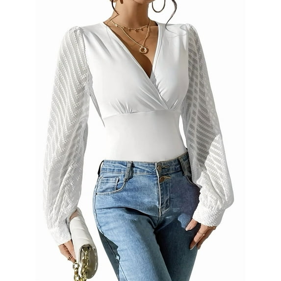 Womens Tops Deep V Neck -Wrap Tops Polka Dot Mesh Long Sleeve T Shirt Casual Blouses White S