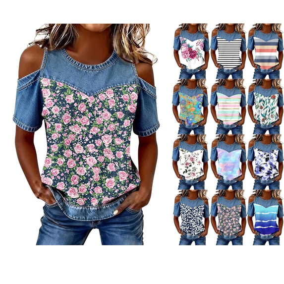 Womens Tops Denim Accents Floral Print Round Neck Short Sleeve Off-Shoulder Blouse