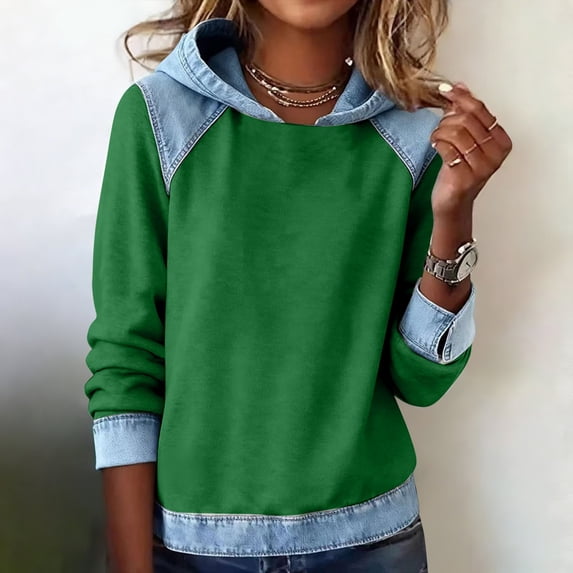 Womens Tops Denim Patchwork Long Sleeved T Shirt Soft Casual Long Sleeved Sweatshirt