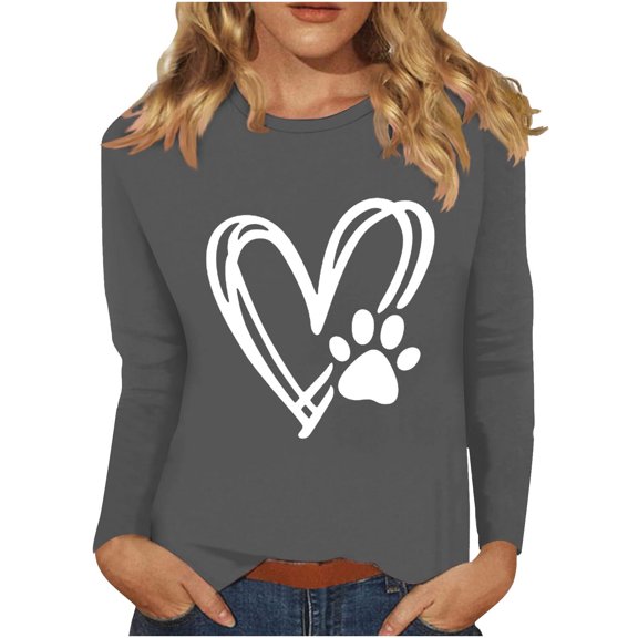 Womens Tops Dog Paw Printed Sweatshirt Long Sleeve Top Casual Cotton Tee Shirts Cotton Sweaters 3/4 Sleeve Tunic Top Fall Pullover Casual Tees Top Office Work Blouse 01-Gray XXL