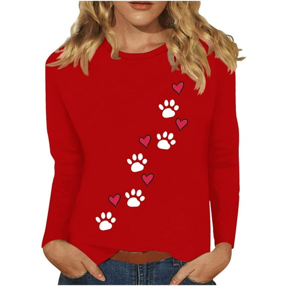 Womens Tops Dog Paw Printed Sweatshirt Long Sleeve Top Casual Cotton Tee Shirts Cotton Sweaters 3/4 Sleeve Tunic Top Fall Pullover Casual Tees Top Office Work Blouse 03-Red M